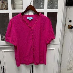 CeCe Bright Pink Ruffled V-Neck Blouse